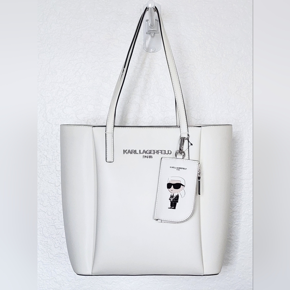 Karl Lagerfeld Paris NWT Women's Louise White Leather Tote w/Logo Charm.